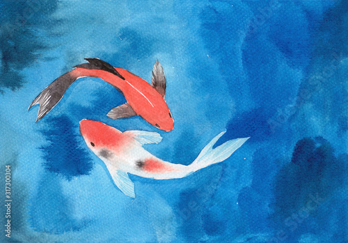 Watercolor hand painting, two koi carp fish in pond, symbol of good luck and prosperity © fayfena