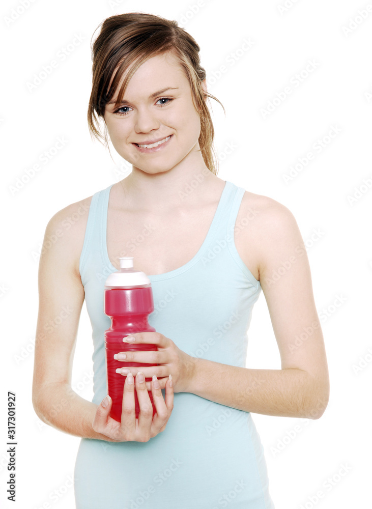 young woman holding a plastic flask young woman holding a plastic flask