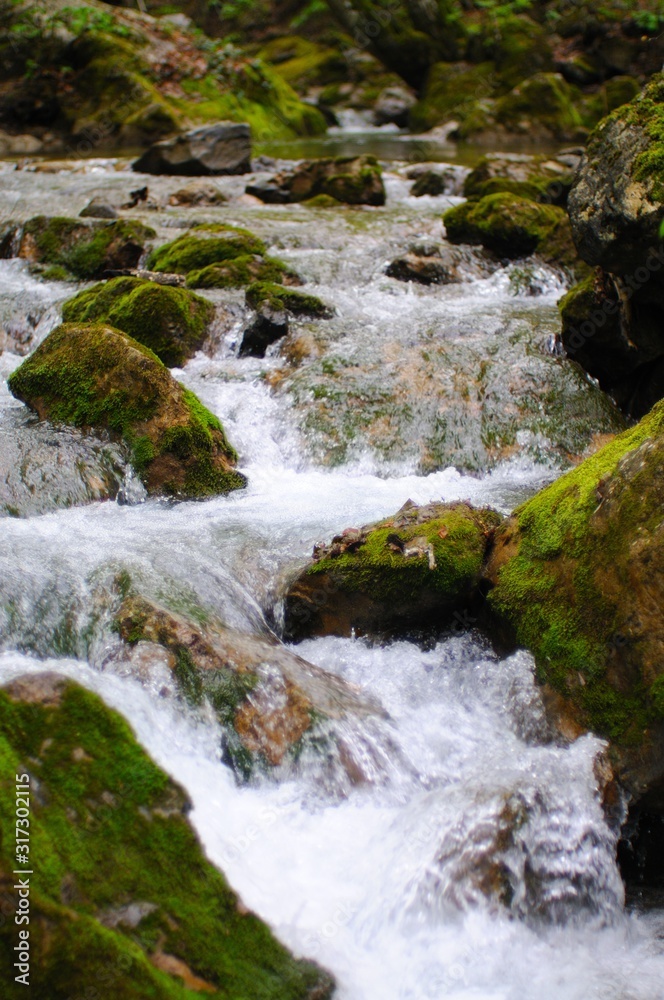 Stones lie in water in mountain stream