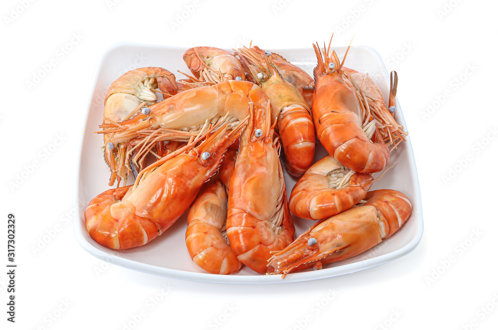 Close up of fresh boiled shrimp in white plate isolated on white background with clipping path Close up of fresh boiled shrimp in white plate isolated on white background with clipping path