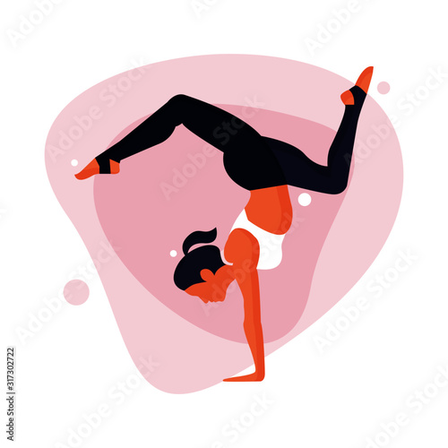 Woman practicing yoga concept, standing in Adho Mukha Vrksasana exercise. Flat vector illustration.