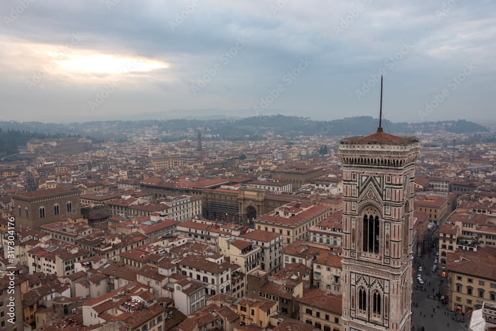 panorama of Florence from above with a view of Giotto's bell tower