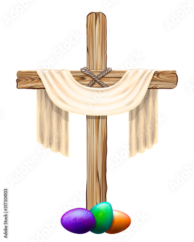Wooden cross with a cloth and colored eggs. Hand-drawn, artistic image of a wooden cross with a canvas and eggs on a white background.
