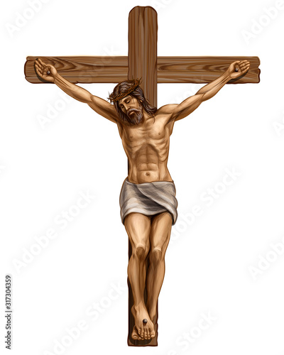 Jesus Christ crucified on the cross. Hand-drawn, artistic image of a wooden cross with the crucified Jesus Christ on a white background. photo