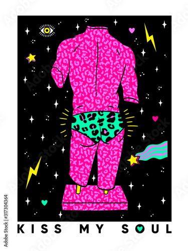Acid ancient sculpture illustration in trendy psychedelic cosmic style.