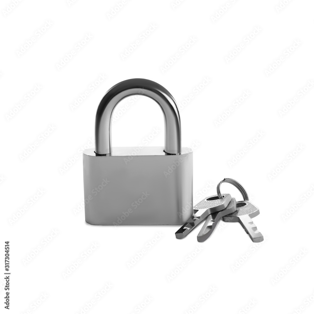 Steel padlock and keys isolated on white. Safety concept Steel padlock and keys isolated on white. Safety concept