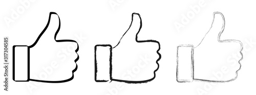 Like and approval thumb brush and chalk outline brushstroke icons