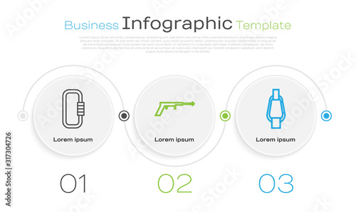 Set line Carabiner, Fishing harpoon and Carabiner. Business infographic template. Vector