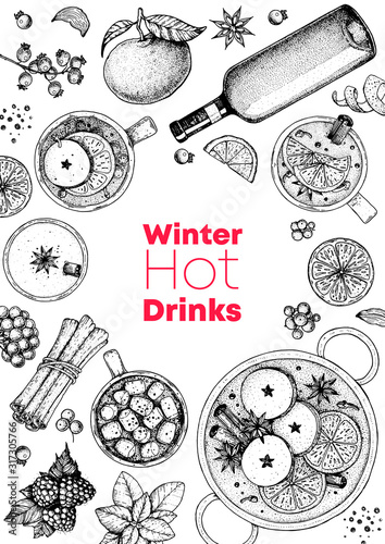 Mulled wine, winter hot drink. Hand drawn sketch. Vector illustration. Christmas invitation design template. Sketch collection. Christmas bar menu. Mulled wine, coffee and tea.