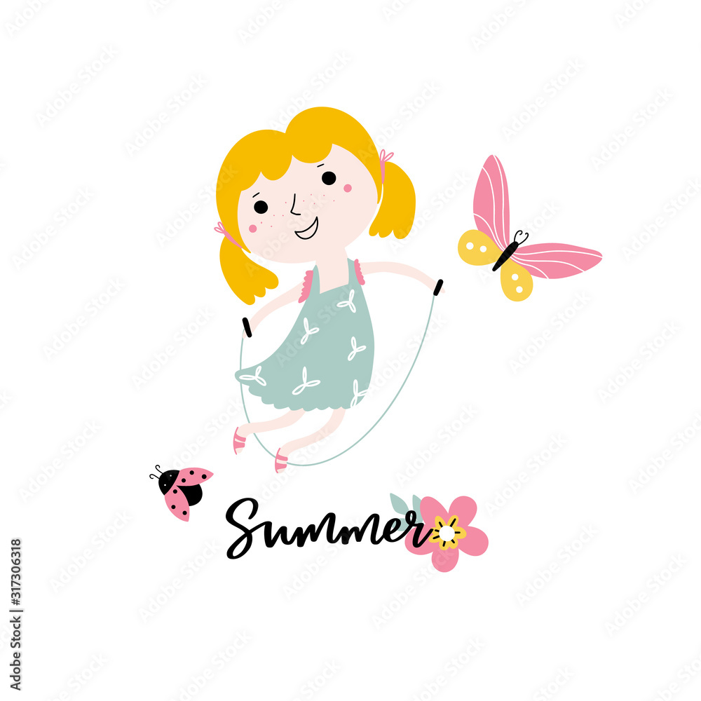 Summer background with cute little girl Summer background with cute little girl