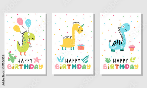 Fototapeta Naklejka Na Ścianę i Meble -  3 Birthday cards with dinosaurs