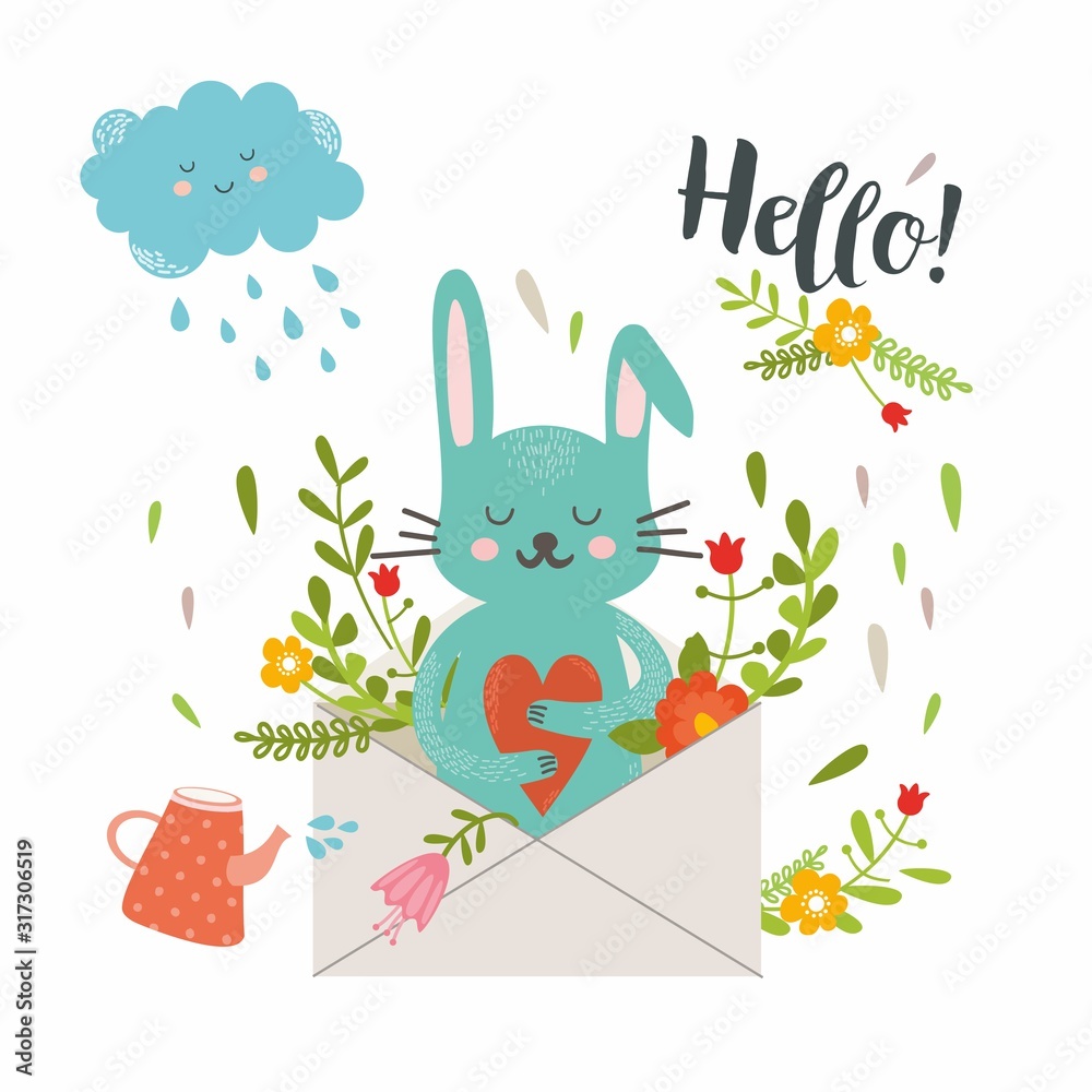 Happy summer day. Lovely card in bright colors. Funny bunny with carrot in floral wreath. Perfect for invitations and greeting cards Happy summer day. Lovely card in bright colors. Funny bunny with carrot in floral wreath. Perfect for invitations and greeting cards