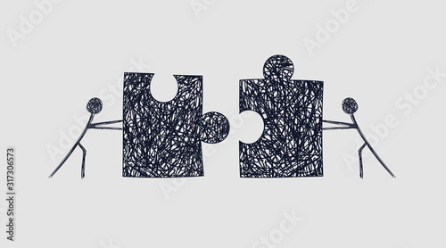 Foto Schematic of two workers pushing puzzles towards each other