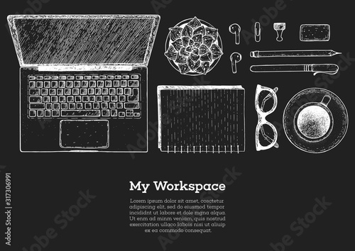 Office desk table top view sketch. Workspace with laptop, notebook, coffee cup, plant, pencil, pen, glasses, headphones. Hand drawn vector illustration. Business concept.