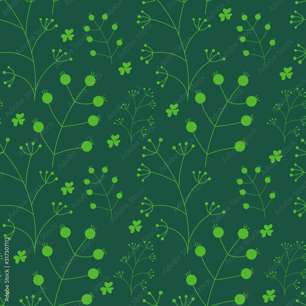 Obraz premium Vector Botanical seamless background with green twigs with berries on dark green .