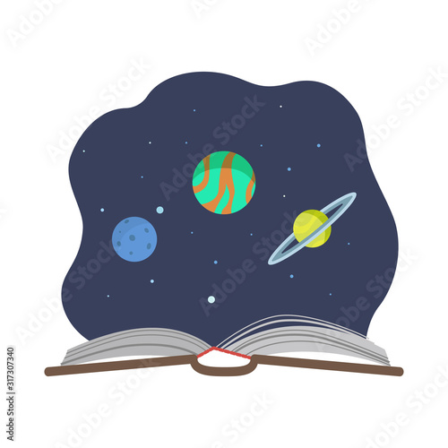 Space exploration and imagination concept vector illustration with open book and planets in flat style.