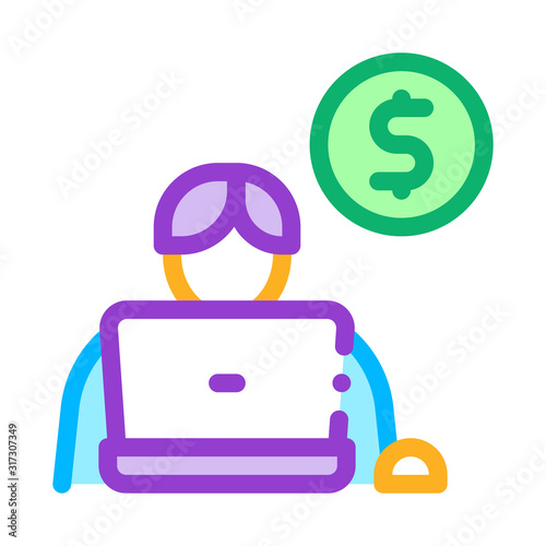 Man Laptop Coin Icon Vector. Outline Man Laptop Coin Sign. Isolated Contour Symbol Illustration