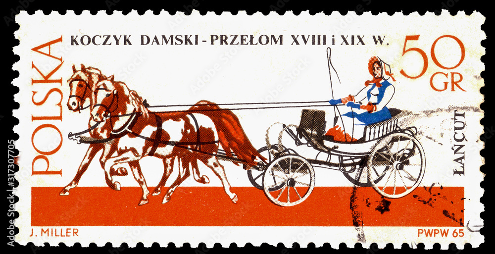 A stamp printed in Poland shows ladies chaise XVIII XIX