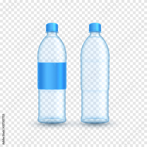 Realistic plastic bottle template. Vector illustration with 3d transparent bottle with water and blue blank sticker.