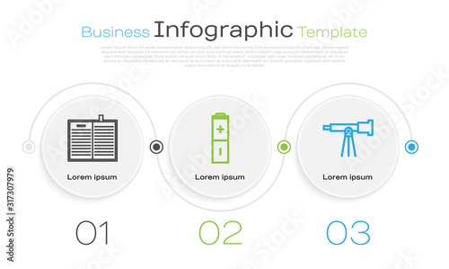 Set line Open science book, Battery and Telescope. Business infographic template. Vector