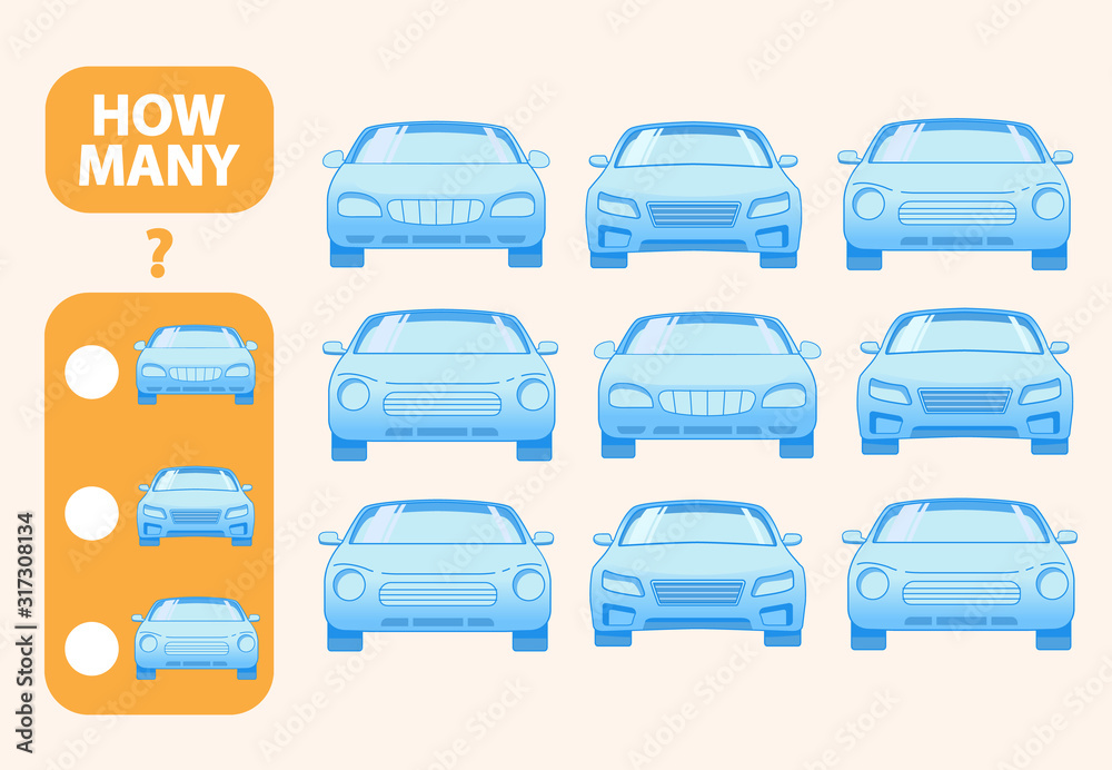 Count how many toy cars is educational game. Maths task development of logical thinking of children.Counting cat games for preschool kids.Flat vector. Count how many toy cars is educational game. Maths task development of logical thinking of children.Counting cat games for preschool kids.Flat vector.