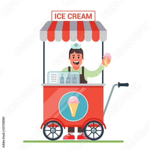 cart on wheels with ice cream. cheerful seller sells ice cream. flat character vector illustration