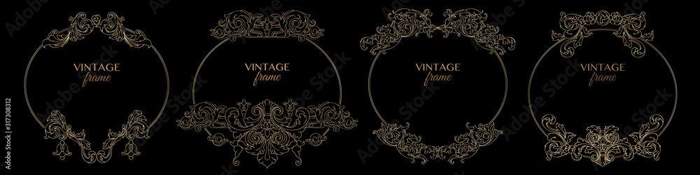 Set of decorative vintage golden frames and retro patterns. Vector.
