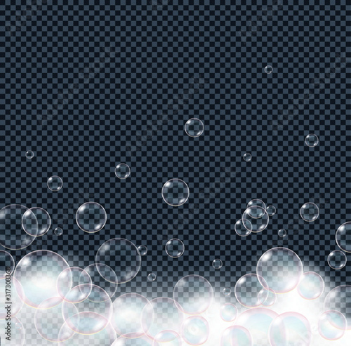 Soap foam bubbles isolated on transparent background. Realistic looking vector illustration.