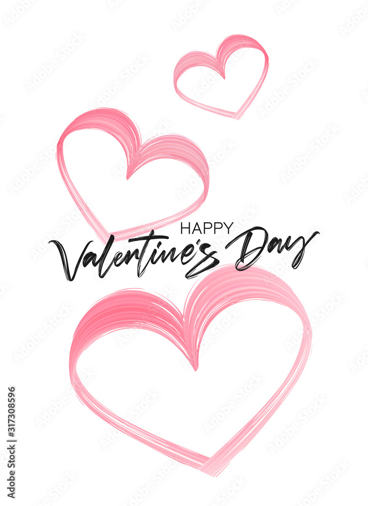 Romantic greeting card with lettering of Happy Valentines Day and brush stroke pink paint hearts.