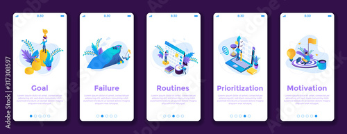 Motivation mobile app onboarding flow. Web site screens for mobile app development. GUI, UX, UI vector illustration template. Web design, graphic steps design concept for smart phone application.