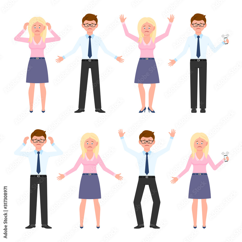 Sad, exhausted, miserable glasses office guy and blonde lady vector illustration. Standing unhappily, depressed man and woman cartoon character set on white