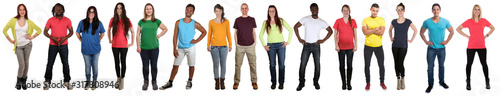 Group of young people collection smiling happy multicultural multi ethnic full body standing in a row