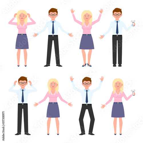Sad, exhausted, miserable glasses office guy and blonde lady vector illustration. Standing unhappily, depressed man and woman cartoon character set on white