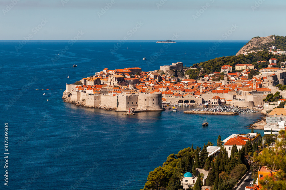 Elevated view of the harbour and old town in Dubrovnik, Croatia