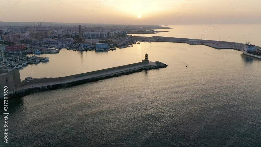 Aerial view, flight at the old town of Monopoli, at dusk, Puglia, Italy, Aerial view, flight at the old town of Monopoli, at dusk, Puglia, Italy,
