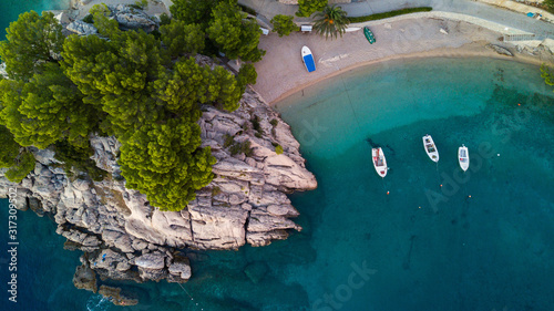 Overhead view of coastline with boats moored in sea, Brela, Croatia photo