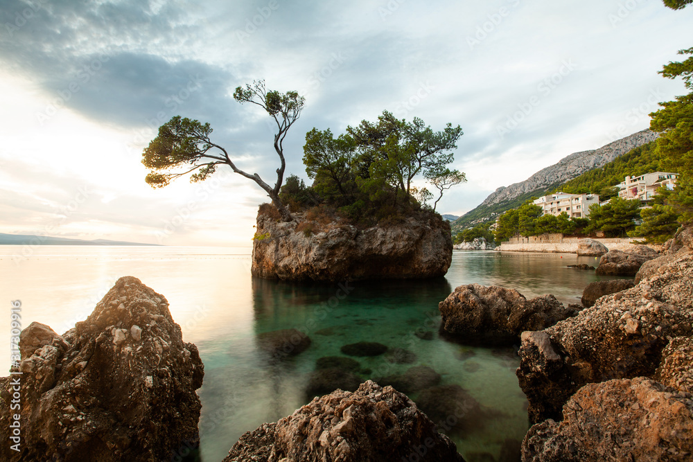 Trees growing on small rocky island in sea, Brela, Croatia Trees growing on small rocky island in sea, Brela, Croatia