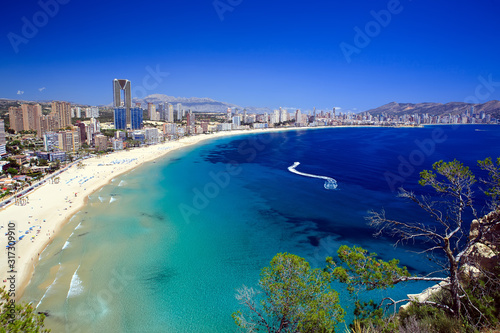 Aerial view of Benidorm, in Spain, with its towering skyscrapers photo