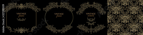 Set of decorative vintage golden frames and seamless pattern. Vector.