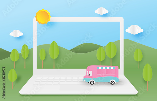 Spring concept with nature landscape and the vehicle on laptop in paper cut style. Vector illustration digital craft paper art.