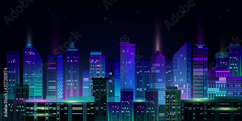 Night city panorama with neon glow on dark background. Vector.