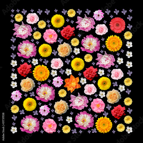 Black Square with floral pattern. Collage of flowers isolated. possible pattern for a handkerchief, kerchief, tablecloth.