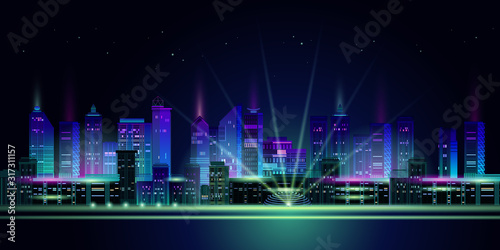 Night city panorama with neon glow on dark background. Vector.