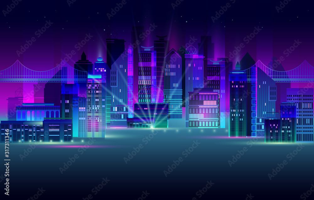 Night city panorama with neon glow on dark background. Vector.