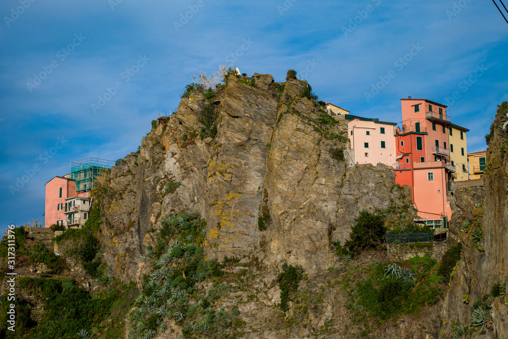 Cinque Terre, Italy, December 5, 2019. Houses hanging from the rocks in Manarola. 