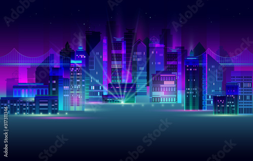 Night city panorama with neon glow on dark background. Vector.