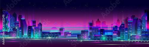 Night city panorama with neon glow on dark background. Vector.