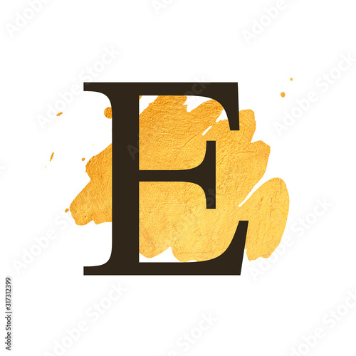 Hand painted watercolor abstract gold alphabet art. Combination of dark E letter and golden stains to create delicate designs for weddings, logo, greeting cards, mood boards, posts, magazines