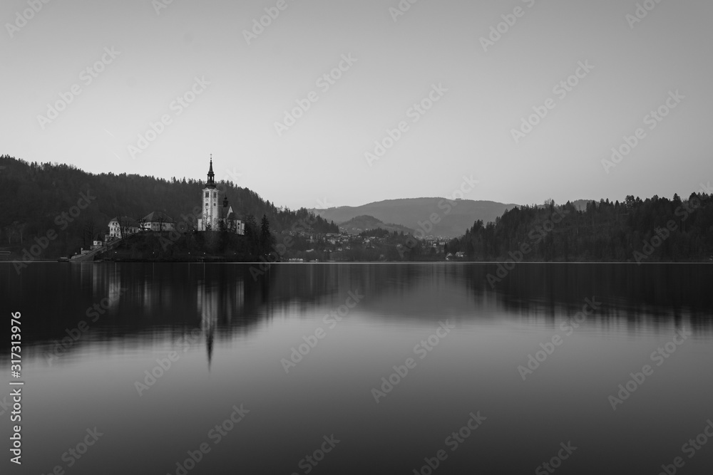 View of the island with church over the lake Bled in Slovenia