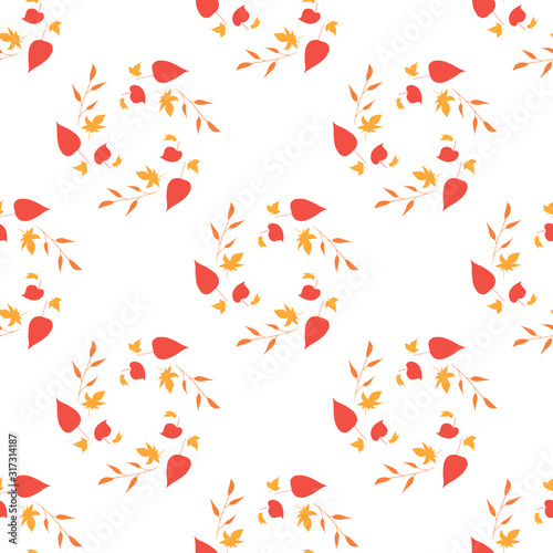 Seamless pattern with horizontal round frames of orange branches, yellow and red leaves on white background. Endless background for your design.